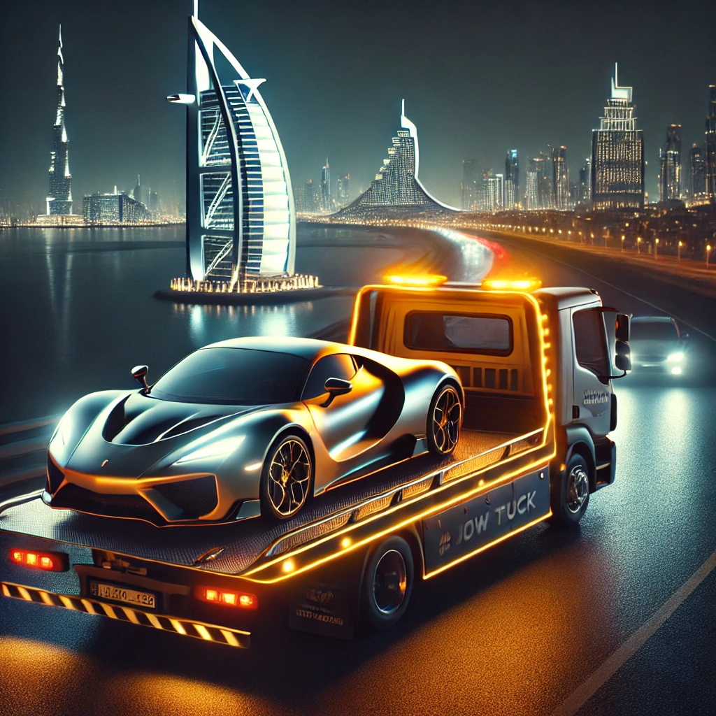 DALL·E 2025-03-15 10.47.12 - A luxury tow truck in Dubai at night, transporting a high-end sports car. The scene features the illuminated Burj Al Arab in the background, with city (1)